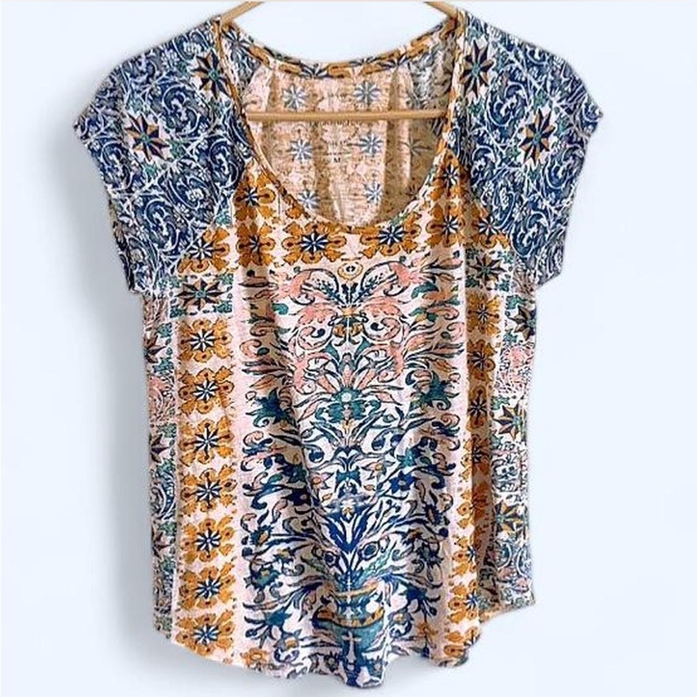 Lucky Brand Mixed-Print Scoop Neck Tee in Mustard, Navy & Cream